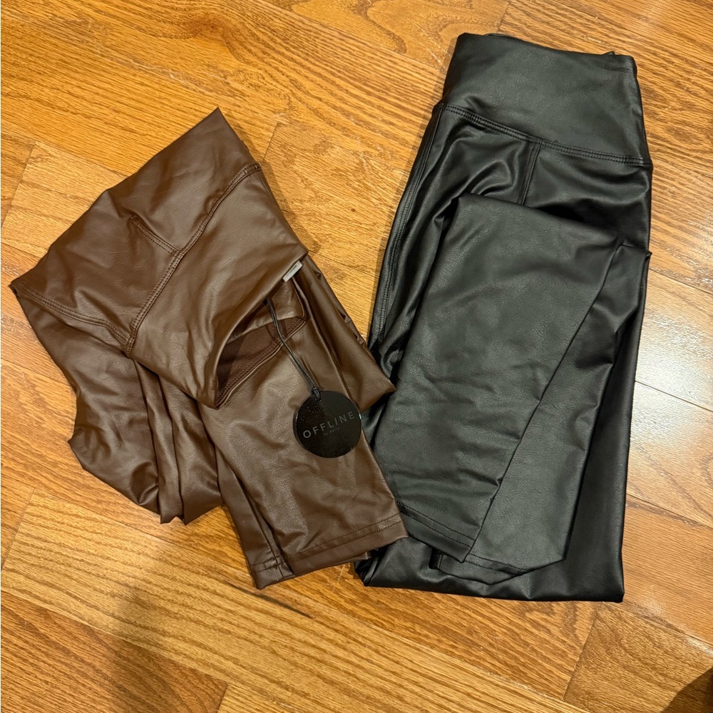 aerie Faux Leather Leggings in Black and Brown